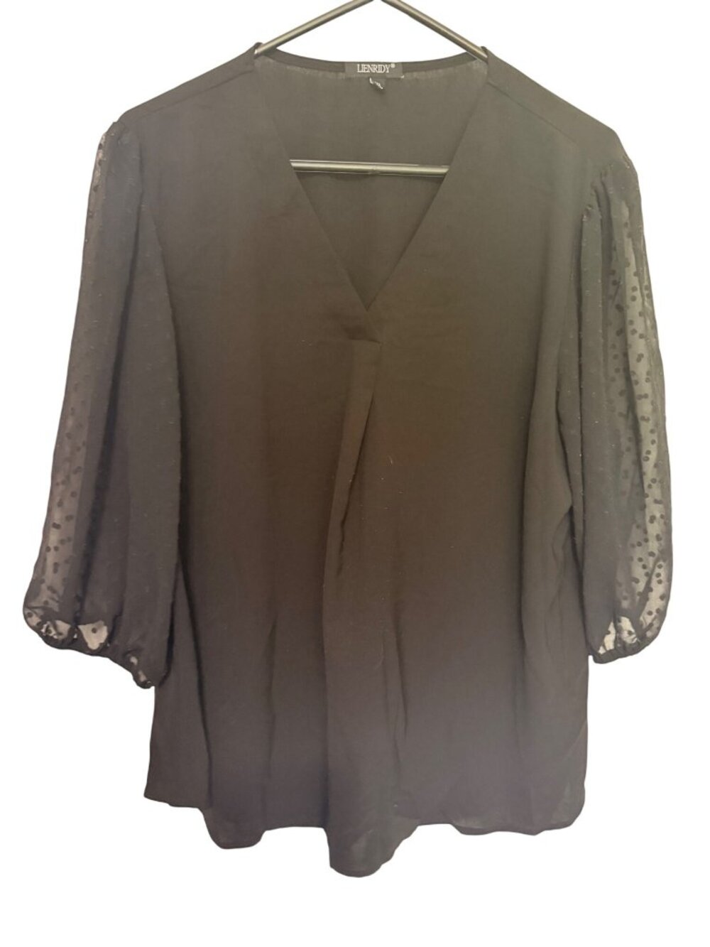 Lienridy Top Black with sheer sleeves V Neck boho Womans XL